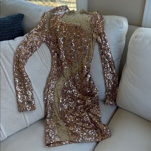 Banjul Gold Sequin Mesh Lined Long Sleeve Dress Bodycon size medium